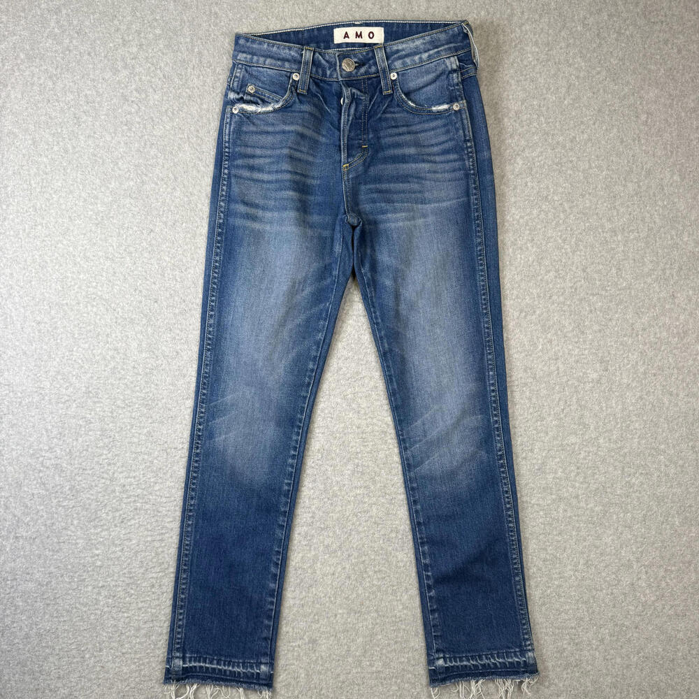AMO Women's Size 25 Medium Wash Blue Straight Leg Jeans Stretch Distressed Hem